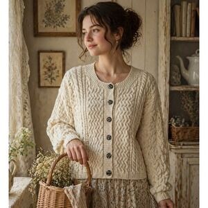 Carraig Donn Aran Cardigan Ireland Wool Cable Knit Cream Sweater S Fisherman